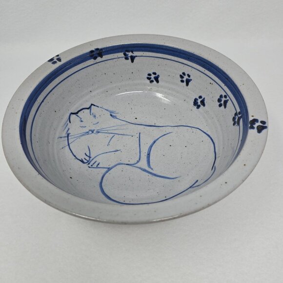 Handmade Pottery Bowl Cat Design Artisan Stoneware Unknown Mark - Picture 10 of 11